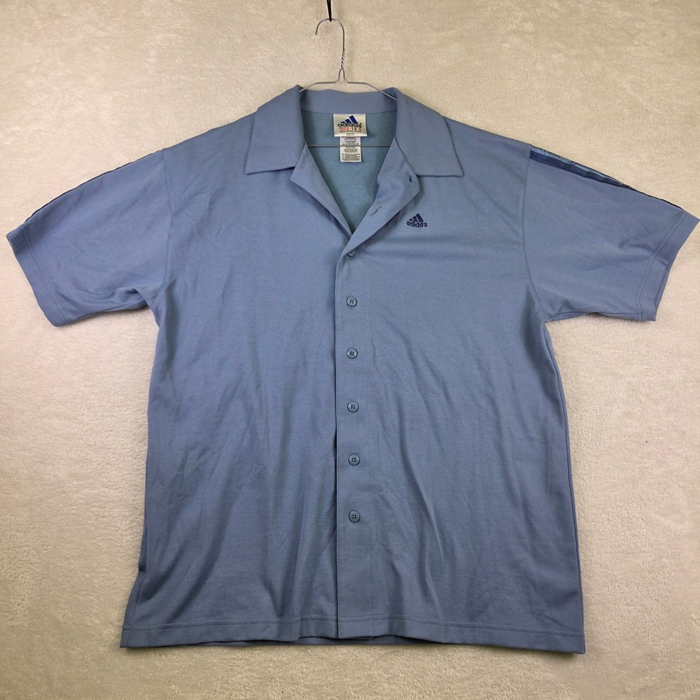 Vintage Adidas Mens Large Blue Short Sleeve Button Down Camp Shirt 3 Stripe Y2K